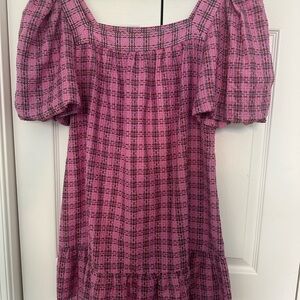 Marie Oliver Pink Plaid Puff Sleeve Mini Dress Silk Blend Lined Size M